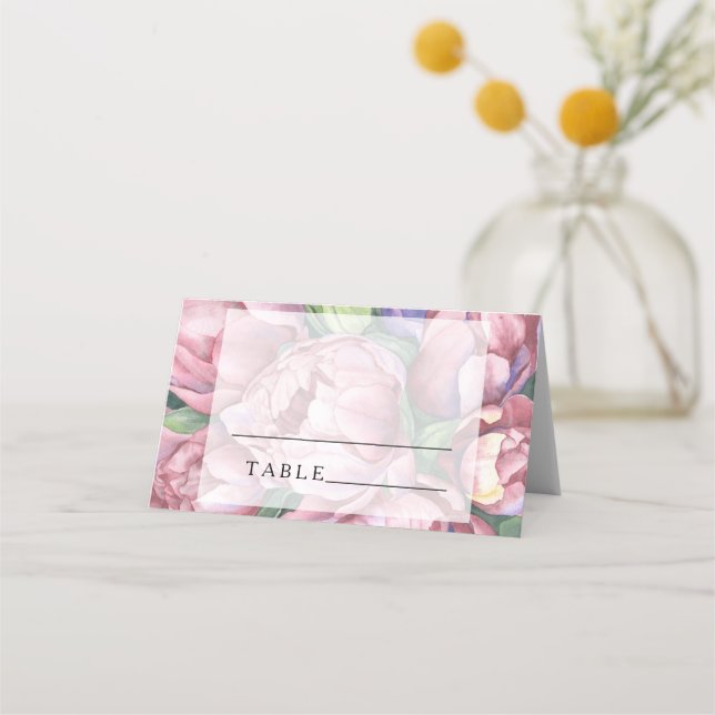 Pink peony roses - wedding place cards (Front)