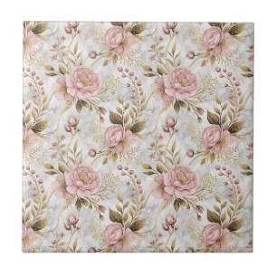 Pink Peony & Sage Botanical Floral Pattern Artwork Ceramic Tile