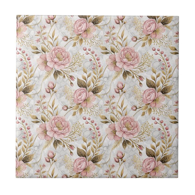 Pink Peony & Sage Botanical Floral Pattern Artwork Ceramic Tile (Front)