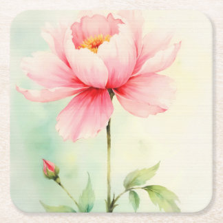 Pink Peony Square Paper Coaster