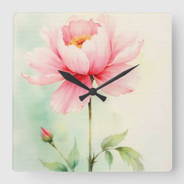 Pink Peony Square Wall Clock (Front)
