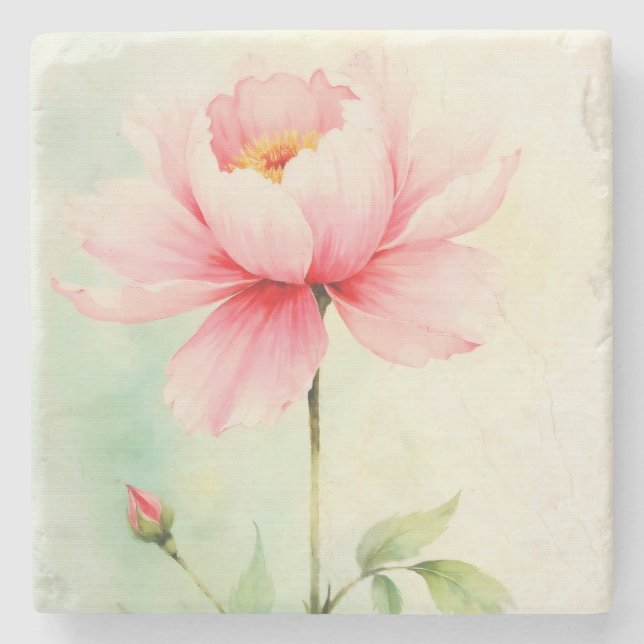 Pink Peony Stone Coaster (Front)