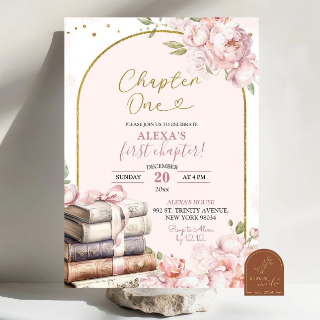 Pink Peony Storybook Chapter One 1st Birthday Invitation (Creator Uploaded)