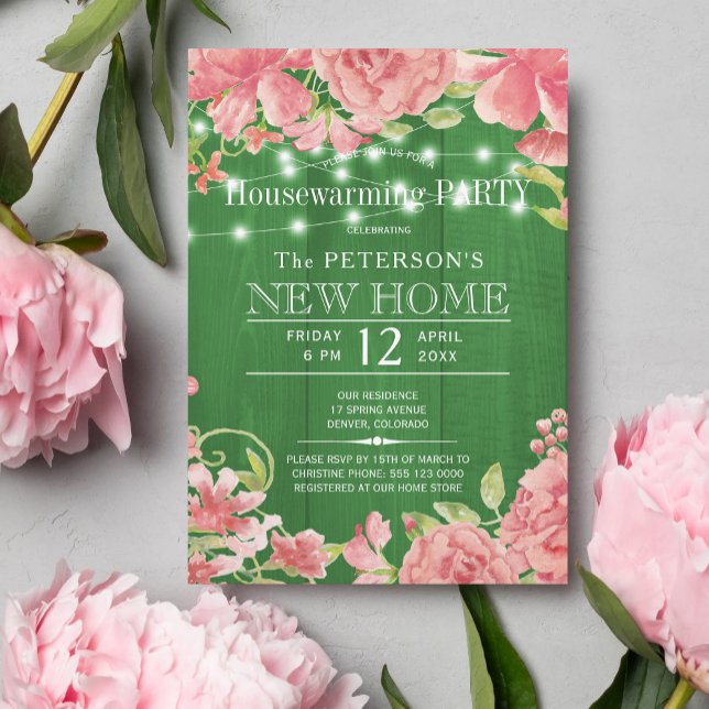 Pink peony string lights spring housewarming party invitation (Creator Uploaded)