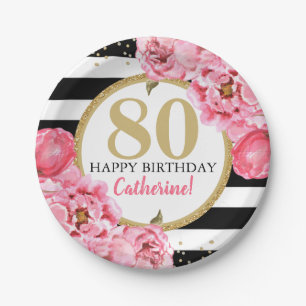 Pink Peony Striped Milestone Birthday Paper Plate