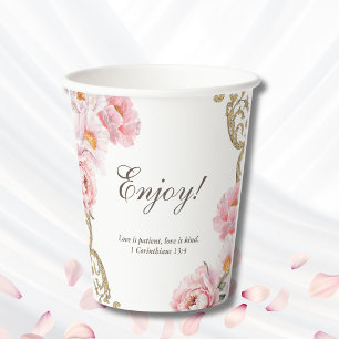 Pink Peony Vintage Christian Bridal Shower Paper Cups