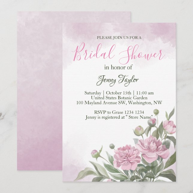 Pink Peony Watercolor  Bridal Shower Invitation (Front/Back)