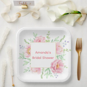 Pink Peony Watercolor Bridal Shower Paper Plate