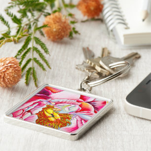 Pink Peony watercolor fine art Key Ring