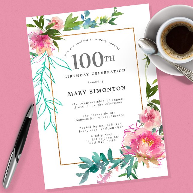 Pink Peony Watercolor Floral 100th Birthday Invitation (Creator Uploaded)