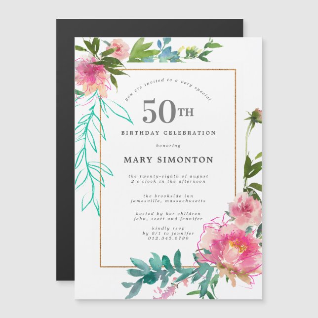 Pink Peony Watercolor Floral 50th Birthday Magnetic Invitation (Front/Back)
