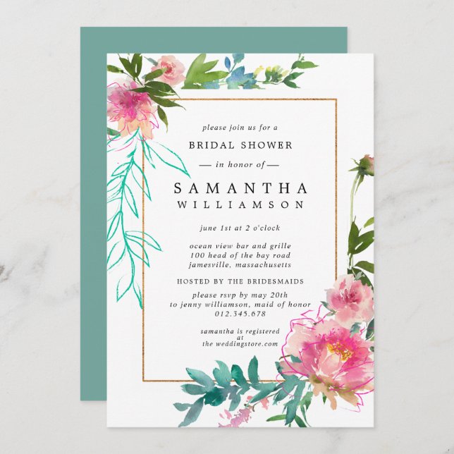 Pink Peony Watercolor Floral Bridal Shower Invitation (Front/Back)