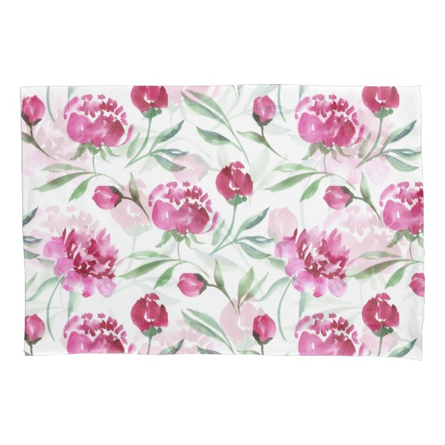 Pink Peony: Watercolor Flower Pattern Pillowcase (Front)