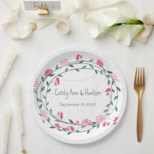 Pink Peony Watercolor Photo Wedding Paper Plate