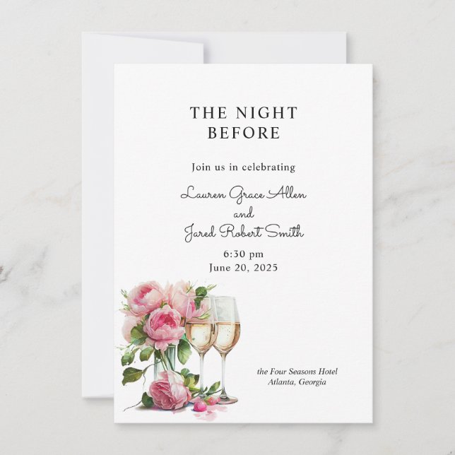 Pink Peony Watercolor Rehearsal Dinner Invitation (Front)