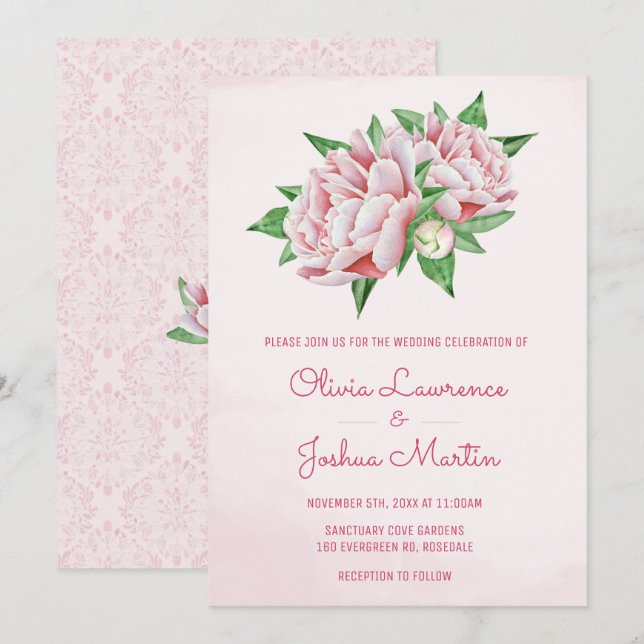 Pink Peony Watercolor Wedding Invitations (Front/Back)