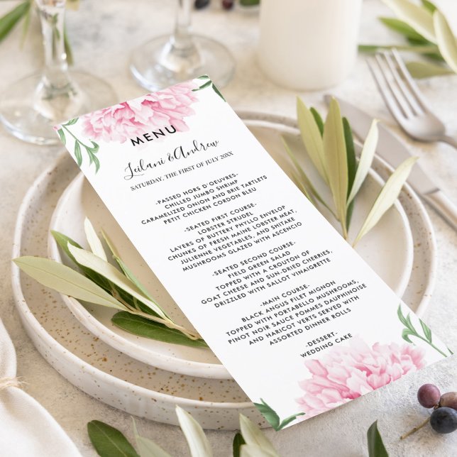 Pink Peony Watercolor Wedding Menu (Elegant pink peony botanical floral for your beautiful wedding day reception menu.)