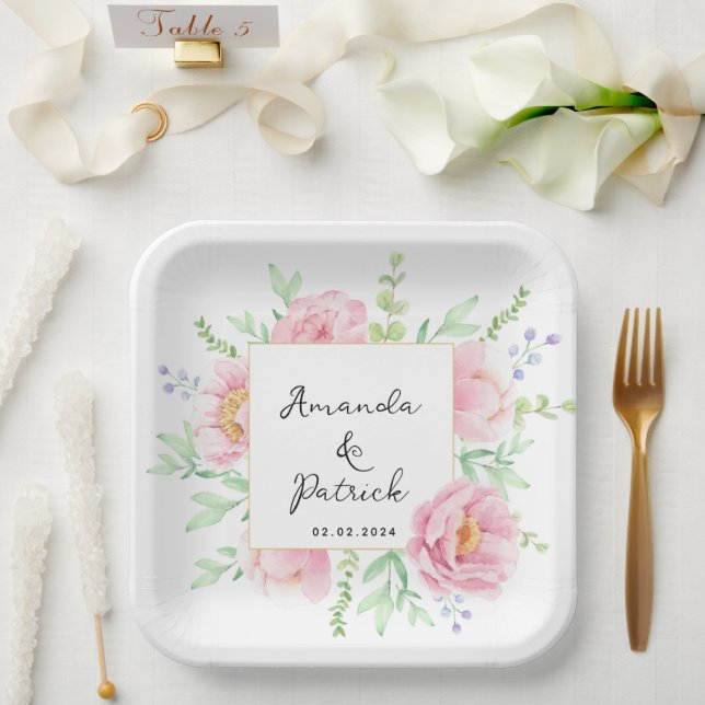 Pink Peony Watercolor Wedding Party Paper Plate (Wedding)