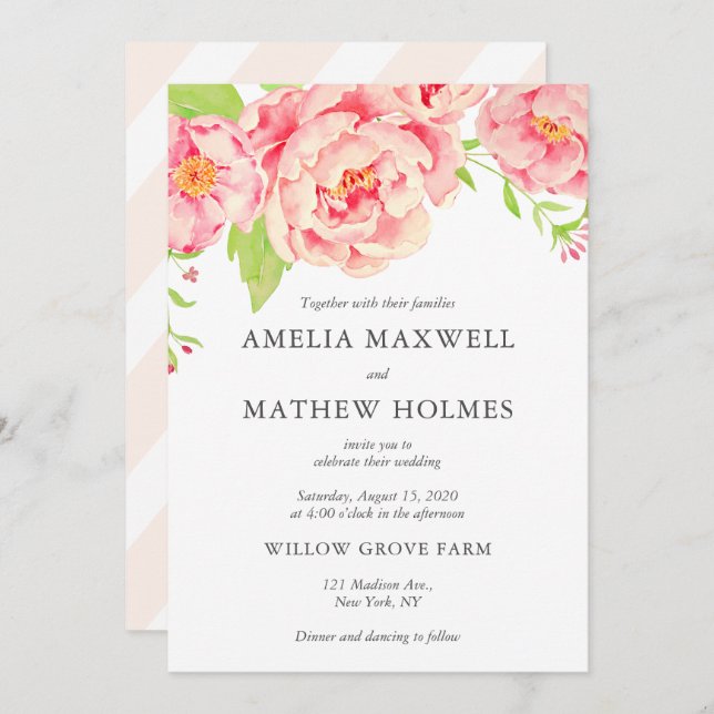 Pink Peony Wedding Invitation (Front/Back)
