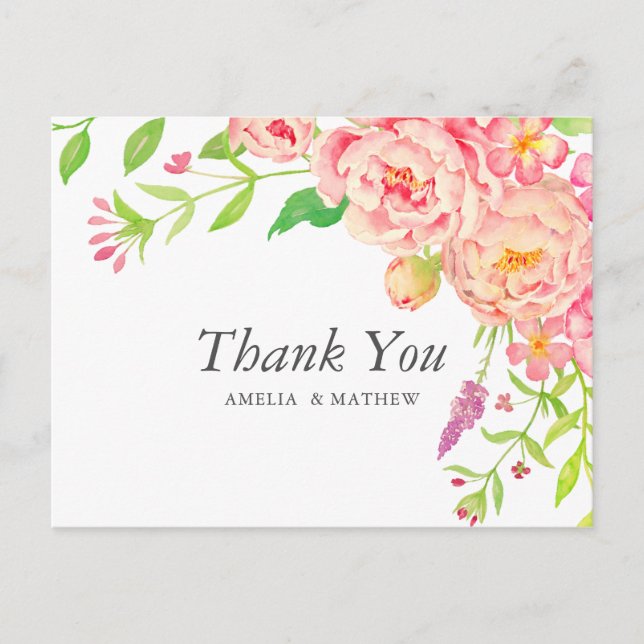 Pink Peony Wedding Thank You Postcard (Front)