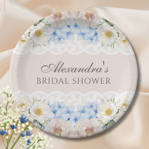 Pink Peony White Blue Hydrangea Bridal Shower Paper Plate