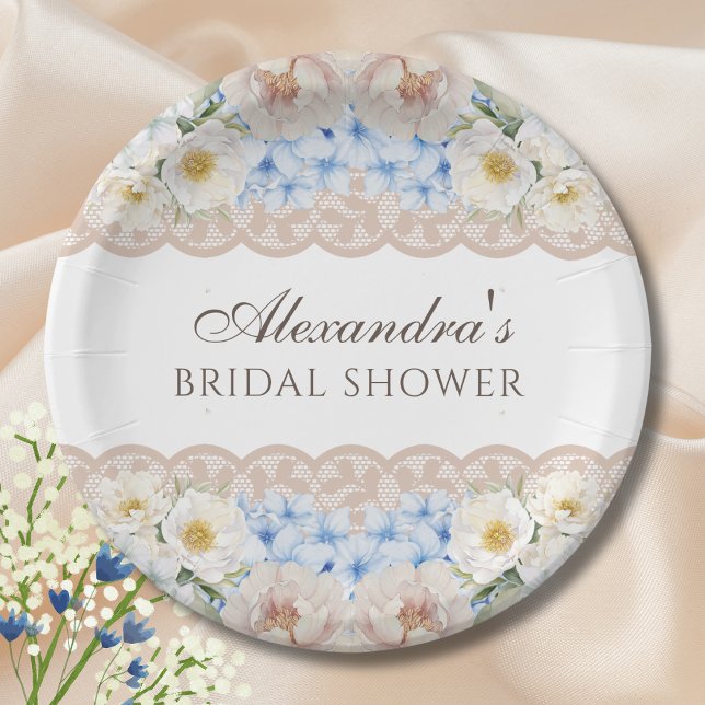 Pink Peony White Blue Hydrangea Bridal Shower Paper Plate (Creator Uploaded)