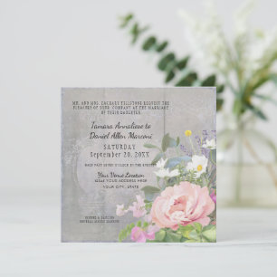 Pink Peony Wild Daisy Flower Grey Rustic Wood Invitation