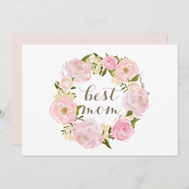 Pink Peony Wreath Best Mum Happy Mother's Day Holiday Card (Front/Back)