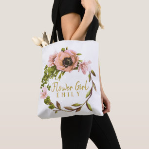 Pink Peony Wreath Flower Girl Name ID456 Tote Bag