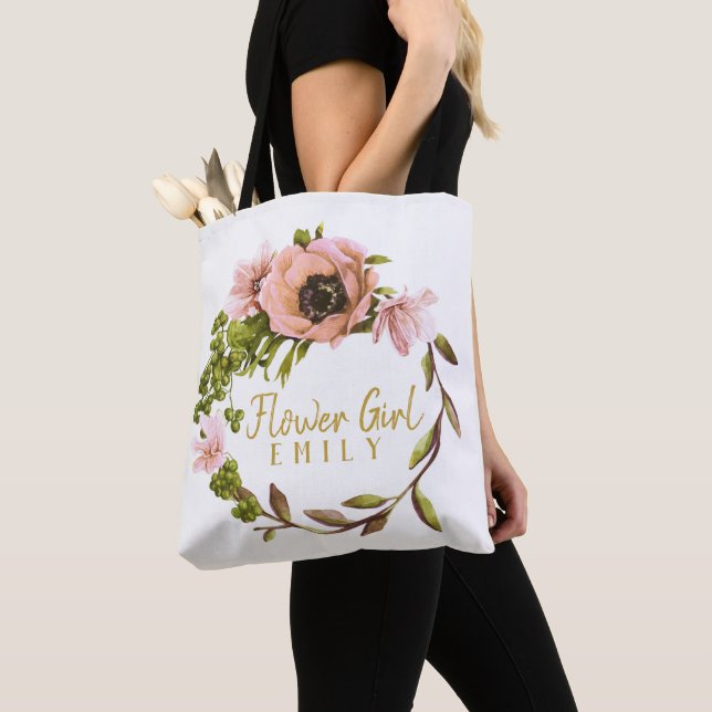 Pink Peony Wreath Flower Girl Name ID456 Tote Bag (Close Up)