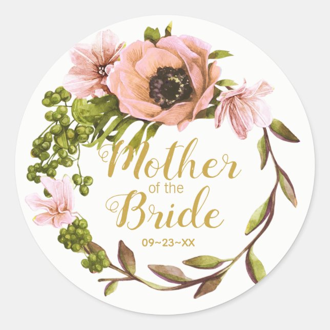 Pink Peony Wreath Mother of the Bride ID456 Classic Round Sticker (Front)