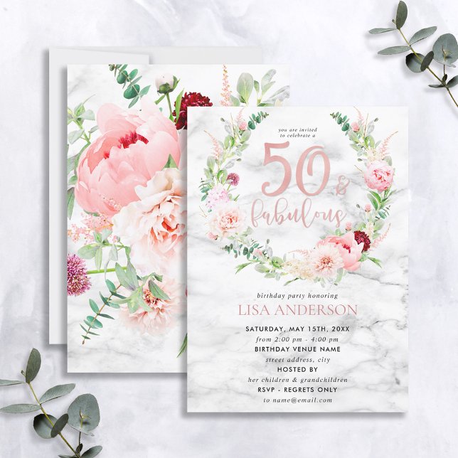 Pink Peony Wreath Rose Gold Marble 50 & Fabulous Invitation (Creator Uploaded)