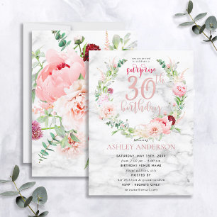 Pink Peony Wreath Rose Gold Marble Surprise 30th Invitation