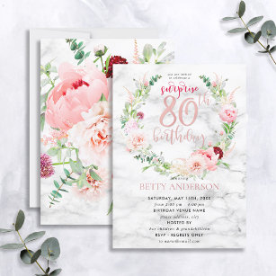 Pink Peony Wreath Rose Gold Marble Surprise 80th Invitation