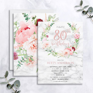 Pink Peony Wreath Rose Gold Marble Typography 80th Invitation