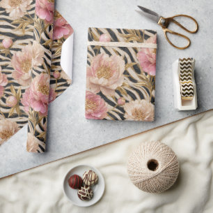 Pink Peony Zebra Gold Elegant Wrapping Paper