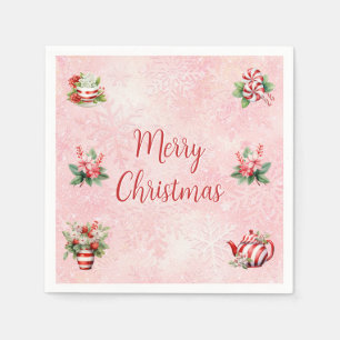 Pink Peppermint Christmas Snowflake Tea Party Napkin