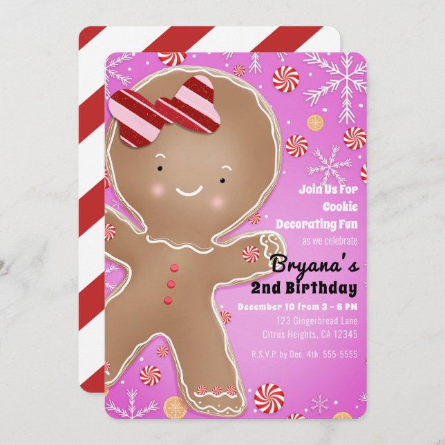 Pink Peppermint Gingerbread Man Holiday Birthday Invitation (Front/Back)