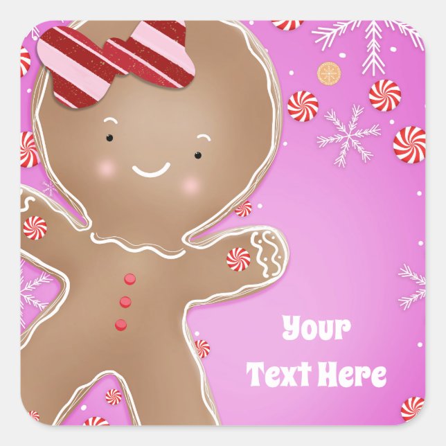 Pink Peppermint Gingerbread Man Holiday Party Square Sticker (Front)