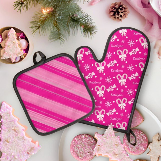 Pink Peppermint Snowflakes Candy Cane Stripe Name Oven Mitt & Pot Holder Set (Creator Uploaded)
