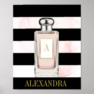 Pink Perfume Bottle Black Stripe Chic Monogram Poster