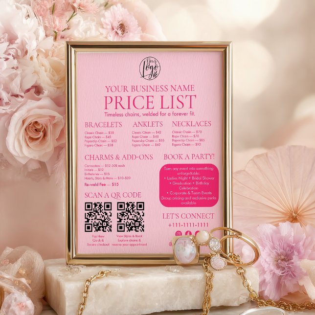 Pink Permanent Jewellery Price List QR code Menu Poster (Pink Permanent Jewelry Price List QR code Menu Poster)