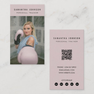 Pink Personal Girl Trainer Fitness Photo QR Code  Business Card
