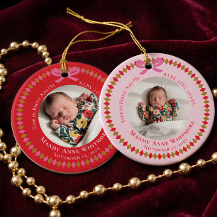 Pink Personalised Baby Birth Stat Keepsake Photo Ceramic Ornament