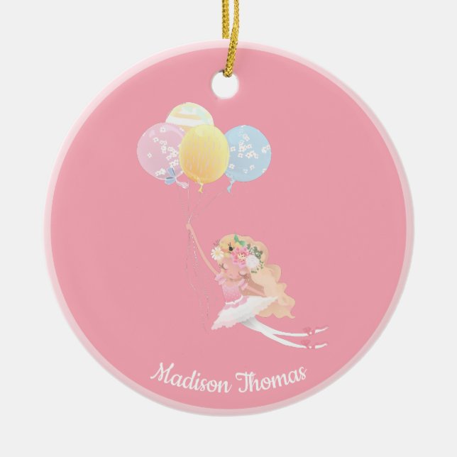  Pink Personalised Ballet Girl Balloons Ceramic Ornament (Front)