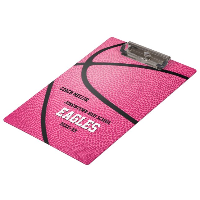 pink personalised basketball coach scorekeeper clipboard (Angled)