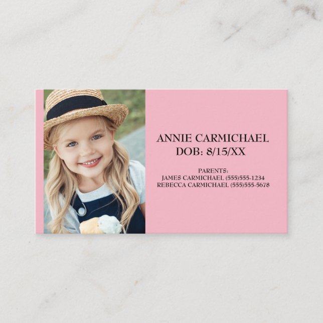 Pink Personalised Child Food Allergy Alert Business Card (Front)