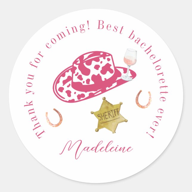 Pink Personalised Cowgirl Hat Country Bachelorette Classic Round Sticker (Front)