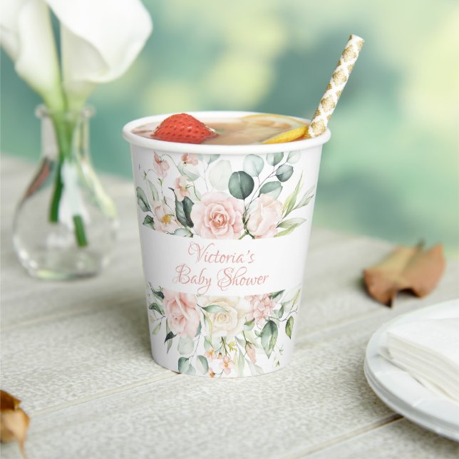 Pink Personalised Elegant Floral  Baby Shower Paper Cups (Insitu)