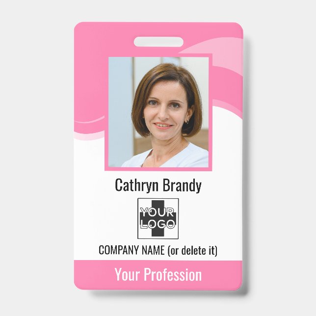 Pink Personalised Employee, Photo, Bar Code & Logo ID Badge (Front)